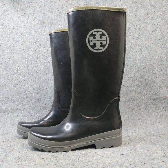 Tory Burch Shoes - Tory Burch Tall Logo Womens Size 10 Rain Boots Rubber Boot Waterproof Black Gray